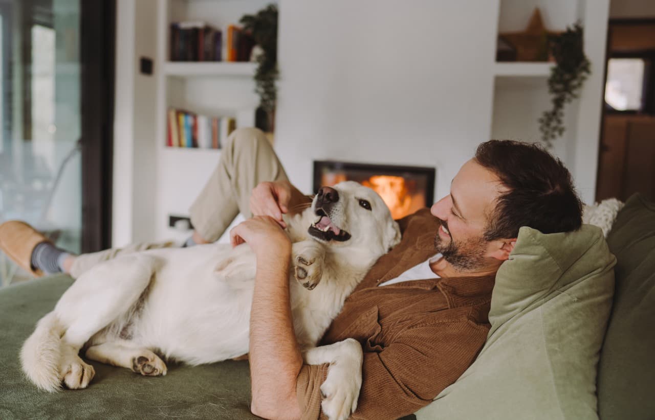 Guest relaxing with dog by the fireplace in a pet-friendly vacation rental